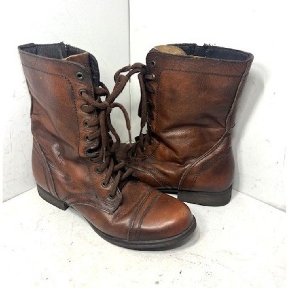 Steve Madden Troopa Brown Leather Lace Up Side Zip Combat Boots Womens 9